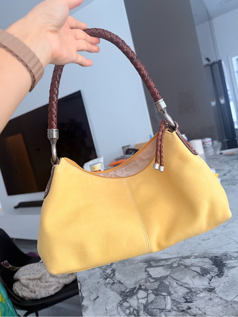Fossil 1954 Yellow Leather Shoulder Bag with Braided Brown Handle